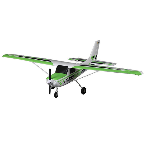 Green and white remote control airplane with propeller and landing gear.