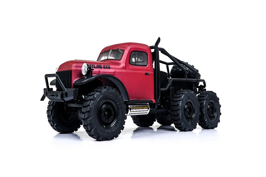 FMS 1:18 Atlas 6x6 RC crawler in red, featuring large off-road tires.