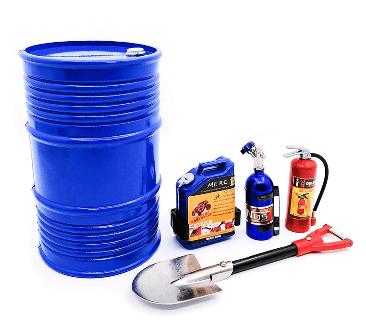 Mini Oil Drum, Fuel Tank, Nitrogen Bottle, Fire Extinguisher, Shovel Decoration 5pcs for 1/6 1/10 RC Car